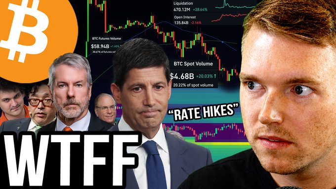 A YouTube thumbnail features a shocked-looking man alongside several financial figures, prominently displaying "WTFFF" text and a Bitcoin logo. The background shows a BTC price chart with metrics like Liquidation at 470.12M (+28.44%) and BTC Futures Volume at $58.94B, complementing the video's urgent warning about a Bitcoin liquidation trap and rate hike concerns.