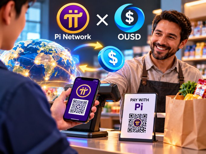 A promotional graphic showing a customer paying with the Pi Network cryptocurrency app via QR code at a grocery store checkout, featuring logos for 'Pi Network' and 'OUSD' above the transaction.