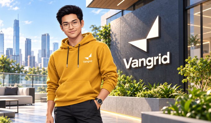 A young man wearing glasses and a yellow Vangrid hoodie stands in front of a building with the Vangrid logo, with a city skyline and plants in the background.