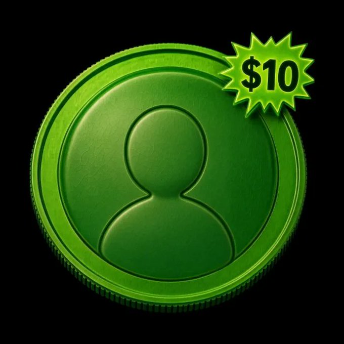A green coin featuring a user profile silhouette icon, with a starburst badge in the upper right reading '$10'.