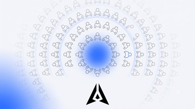 An abstract spiral graphic of stylized human figures radiating outward from a blue center, with a triangular logo at the bottom on a white background.