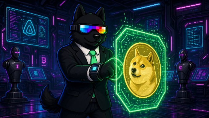 Digital illustration of an anthropomorphic black dog wearing a suit, green tie, and rainbow VR goggles, pointing at a glowing green Dogecoin token in a futuristic neon-lit cyberpunk room.