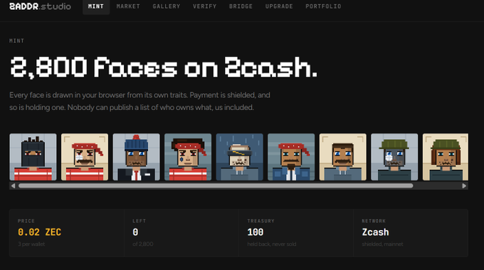 A screenshot of the 2ADDRstudio 'MINT' NFT project webpage titled '2,800 Faces on Zcash,' showing pixelated character avatars and statistics: Price 0.02 ZEC, Left 0/2,800, Treasury 100, Network Zcash.