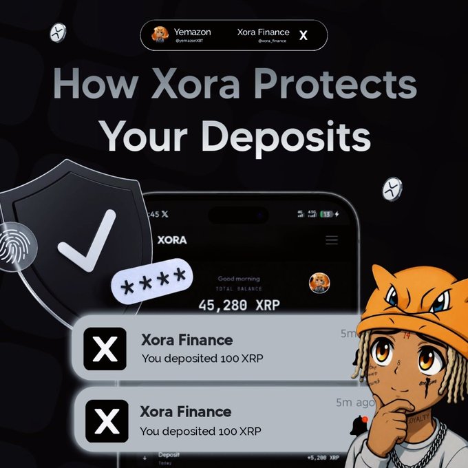 A promotional graphic titled 'How Xora Protects Your Deposits' featuring a phone interface showing 45,280 XRP balance, a shield with a checkmark, and an anime-style character with a tiger hat, with notifications reading 'Xora Finance: You deposited 100 XRP.'