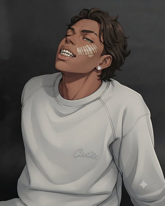 Digital illustration of a young man with wavy brown hair, a tooth gem on his cheek, a diamond earring, and a white "Cortez" sweatshirt, smiling with one eye closed.