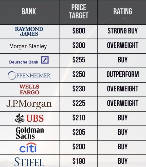 A financial table listing bank ratings and price targets, including Raymond James ($800, Strong Buy), Morgan Stanley ($300, Overweight), Deutsche Bank ($255, Buy), Oppenheimer ($250, Outperform), Wells Fargo ($230, Overweight), J.P. Morgan ($225, Overweight), UBS ($210, Buy), Goldman Sachs ($205, Buy), Citi ($200, Buy), and Stifel ($190, Buy).