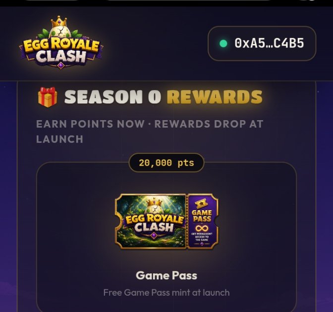 A promotional screen for 'EGG ROYALE CLASH' Season 0 Rewards, showing a wallet address '0xA5...C4B5' and a Game Pass reward at 20,000 points.