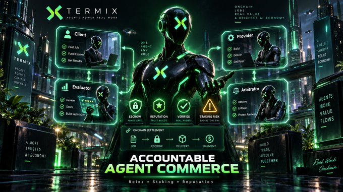 A promotional graphic for TERMIX 'Accountable Agent Commerce' showing a green robotic figure with roles: Client, Provider, Evaluator, Arbitrator, and Escrow, Reputation, Verified, Staking Risk.