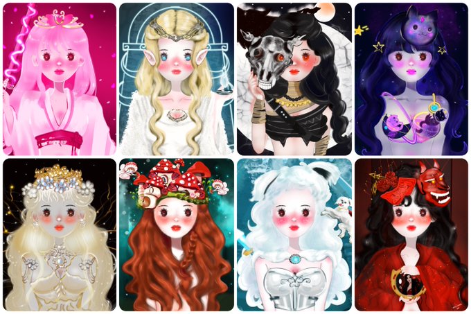 A grid of eight stylized anime-style female portraits, each featuring different colorful hair (pink, blonde, black) and elaborate fantasy accessories like crowns, mushrooms, wolves, and ice cream.