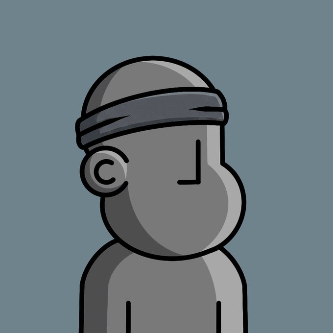 A minimalist gray cartoon character wearing a visor and sporting a large nose against a blue background.