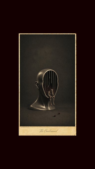 A bronze-toned sculpture of a hollow head filled with hanging wires and a curled, withered figure inside, with small debris falling from its open face, is labeled "The Condemned" beneath.

The image reflects the post's self-criticism by visualizing the "condemned" artwork—a once ambitious piece now being destroyed, embodying the creator's regret and second-guessing of their creative choices.