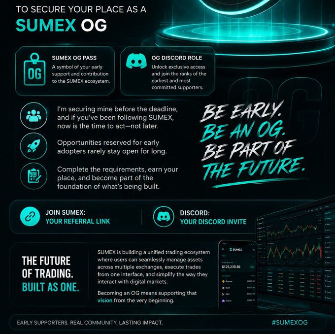 A dark-themed promotional graphic for SUMEX OG membership featuring a neon teal and black color scheme, highlighting benefits like "SUMEX OG PASS" and "OG DISCORD ROLE," alongside a mobile and desktop screenshot of the SUMEX trading interface displaying a portfolio value of $125,210.00. The image reinforces the post's call to action by emphasizing early adoption with bold text reading "BE EARLY. BE AN OG. BE PART OF THE FUTURE" and showcasing the unified trading ecosystem the post describes.