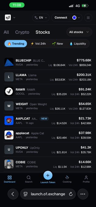 A mobile screenshot of a crypto/stocks dashboard (launch.onex.exchange) listing trending tokens on the Solana META with market caps and 24h liquidity/volume, featuring BLUECHIP, LLAMA, RAWR, WEIGHT, AAPLCAT, applecat, UPONLY, and COBIE.