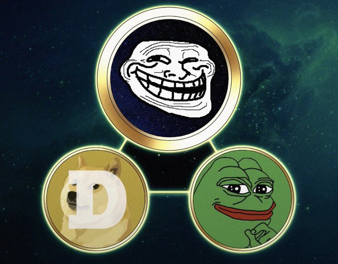 A graphic featuring three interconnected circles displaying meme characters—the Trollface, Doge, and Pepe the Frog—set against a starry cosmic background.