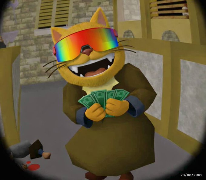 A 3D animated image of a cartoon cat wearing rainbow sunglasses and a brown coat, holding a fan of money, dated 23/08/2005.