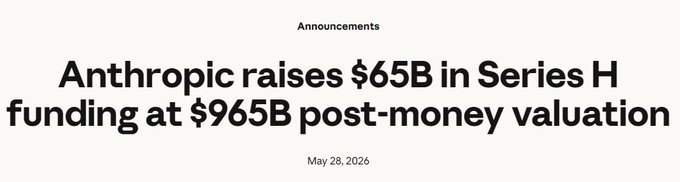 The image shows a gray background, with the following text displayed against this backdrop: "ANTHROPIC RISES $65B IN SERIES H funding at $965B post-monetary value." This message conveys information about investing in Series H and highlights that Anthropic is raising funds for Series H. The focus on what is in the image emphasizes its connection to the topic of investing in Series H, as well as the potential benefits associated with this investment opportunity.