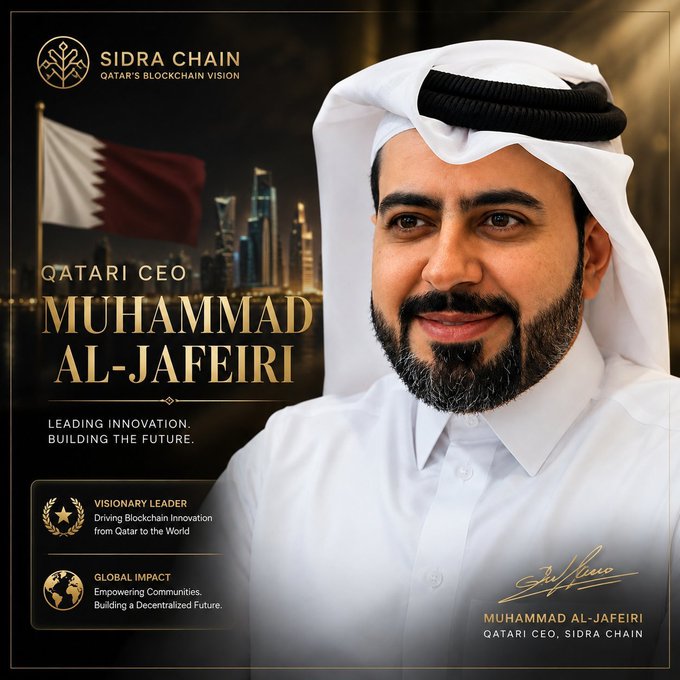 The promotional image features Muhammad Al-Jafeiri, identified as "Qatari CEO" of Sidra Chain—whose tagline reads "Qatar's Blockchain Vision"—standing before a backdrop showing the Qatari flag and a stylized city skyline. He wears traditional white Arab attire with a black agal, and the design includes gold accents highlighting him as a "Visionary Leader" driving blockchain innovation from Qatar to the world, with a "Global Impact" badge emphasizing community empowerment and a decentralized future. The accompanying post connects to the image by promoting SDA, the token of Sidra Chain, warning viewers that the chance to purchase SDA at low exchange prices has passed—unlike Pi's early opportunity—reinforcing the promotional, visionary branding the image projects about Sidra Chain's leadership and market positioning.