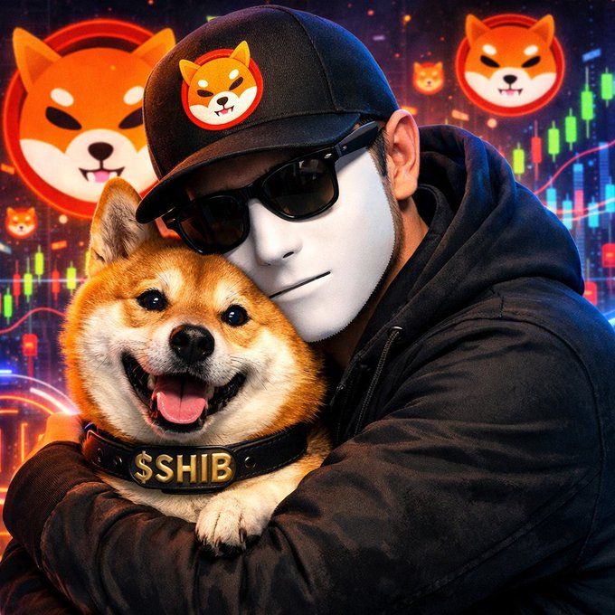 A masked figure wearing a Shiba Inu cap and sunglasses embraces a happy Shiba Inu wearing a "$SHIB" collar, set against a vibrant background of Shiba Inu logos and candlestick charts symbolizing the crypto market. The image visually reinforces the post's celebration of $SHIB's 6-year anniversary and its role as the original "dog" coin that has inspired a strong community and other meme tokens.