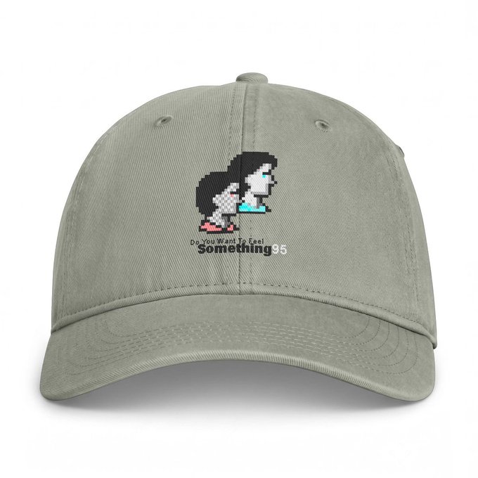 A light green baseball cap features pixel art of two characters with the text 'Do You Want To Feel Something95'.