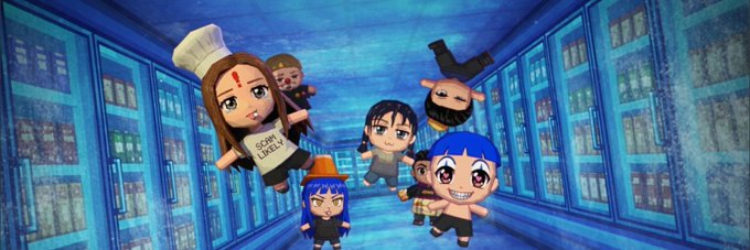 Several chibi-style cartoon characters float in a surreal blue room lined with shelves of bottles, including one wearing a shirt that says "SCARY LOVELY".