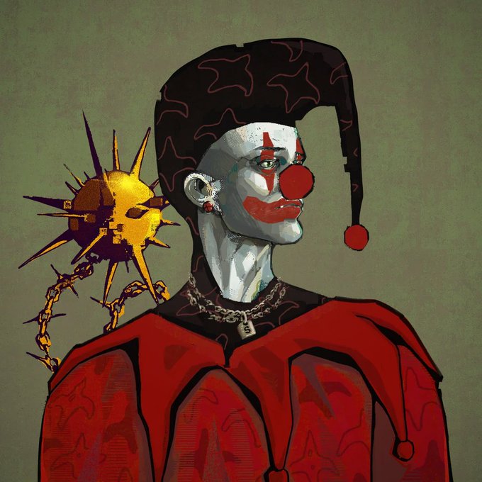 An illustration of a sinister clown wearing a black jester hat, white face paint, red nose, and red costume, with a spiked mace over his shoulder.