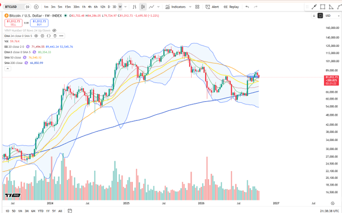 A weekly Bitcoin (BTC/USD) candlestick chart from TradingView shows BTC trading at $81,012.73 (up 3.23%) with the WEMA 8 moving average at $77,494.55 acting as dynamic support, consistent with the post noting that BTC is still enjoying rising WEMA 8 support.