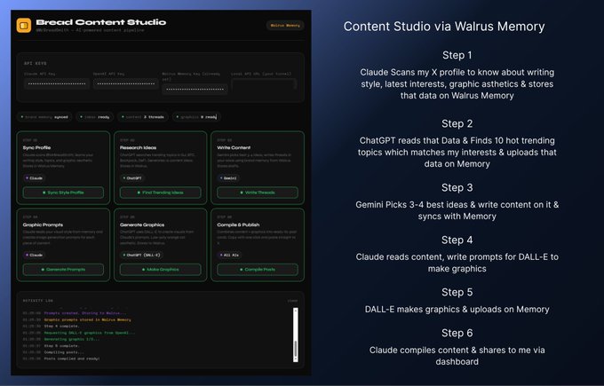 "Content Studio via Walrus Memory Spent past 24 hours building something, that will save creators tons of time & energy. Automating the content with help of AI & dynamic memory. Introducing Bread Content Studio - Claude scans my X profile & trends around".
