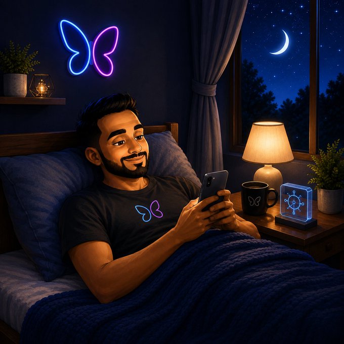 Digital artwork of a bearded man lying in bed at night smiling at his phone, with a glowing blue butterfly neon sign on the wall, a lamp, and a moonlit window in the background.