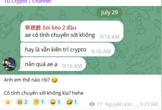 A screenshot of a Vietnamese Telegram chat where someone asks 'Soi kèo 2 đậu ae có tính chuyện sới không hay là vẫn kiên trì crypto năn quá ae ạ' in a group called 'TD Crypto'.