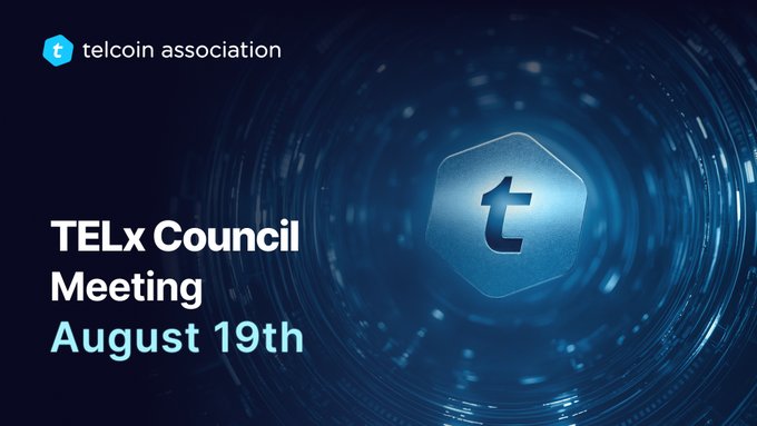A dark blue promotional graphic for the Telcoin Association featuring the text "TELx Council Meeting, August 19th" alongside a glowing hexagonal "t" logo, with the Telcoin Association branding in the upper left corner. The image serves as a visual announcement for the upcoming council meeting agenda outlined in the post, highlighting key topics like the TELx Liquidity Framework Proposal and dependency roadmaps.