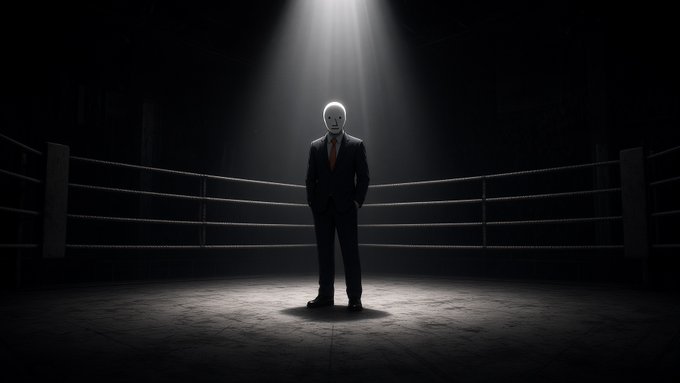 A dramatic, dark image of a person in a black suit and red tie wearing a white smiling mask, standing in the center of a boxing ring under a single spotlight.