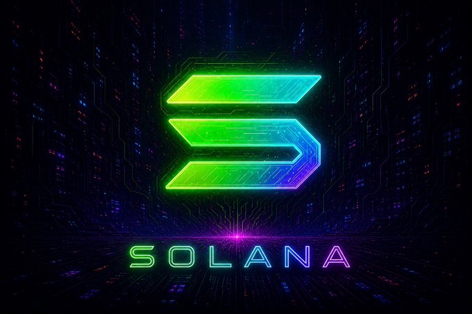 The image displays the glowing neon Solana logo and ticker symbol "SOLANA" set against a dark circuit board background, visually representing the blockchain network mentioned in the post about its disinflation rate and burning proposals going live for validator voting.