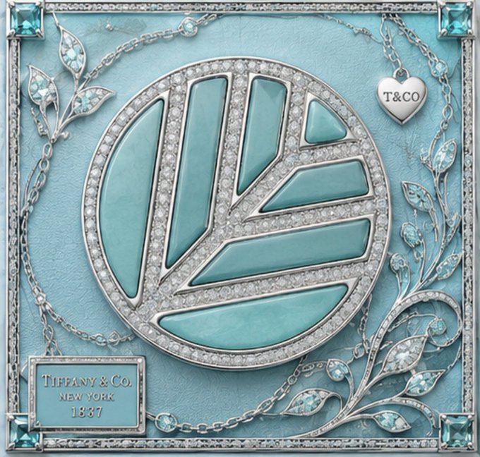 An ornate Tiffany & Co. decorative piece featuring a circular turquoise design surrounded by silver filigree, diamonds, and a 'T&CO' heart charm, with a plaque reading 'TIFFANY & CO. NEW YORK 1837'.