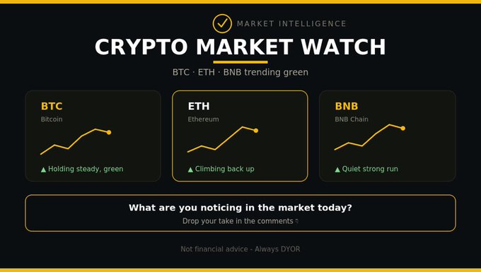 A crypto market watch dashboard highlights BTC, ETH, and BNB as trending green, with individual notes that Bitcoin is "holding steady," Ethereum is "climbing back up," and BNB is on a "quiet strong run." It visually reinforces the post's observation that all three assets are showing steady upward momentum rather than a sudden spike.