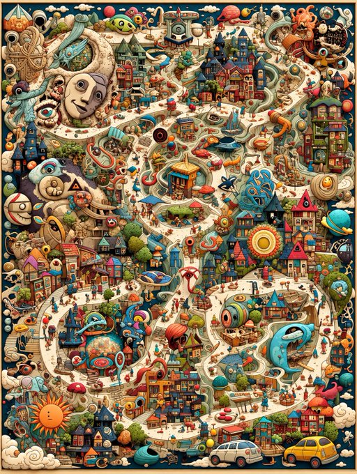 A vibrant, whimsical illustration depicts a densely packed fantasy village filled with colorful houses, winding paths, and imaginative creatures.