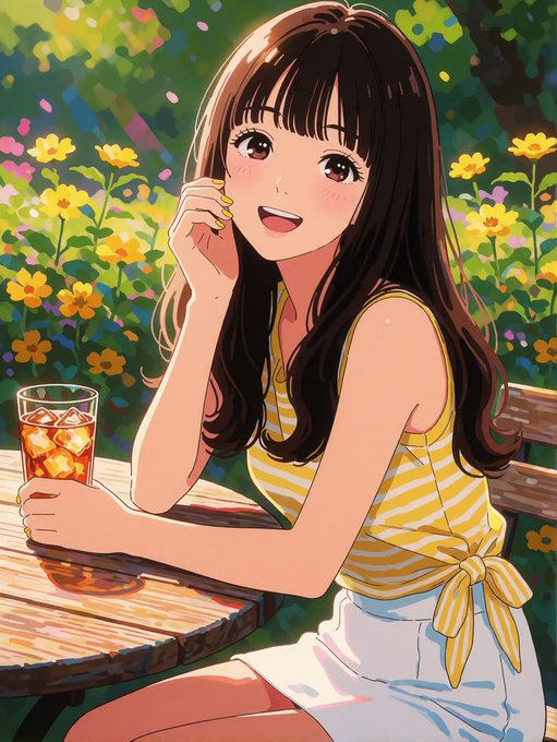 An anime-style illustration of a smiling girl with long dark hair wearing a yellow and white striped top, sitting at a table with a glass of iced drink, surrounded by yellow flowers in a vibrant garden setting.
