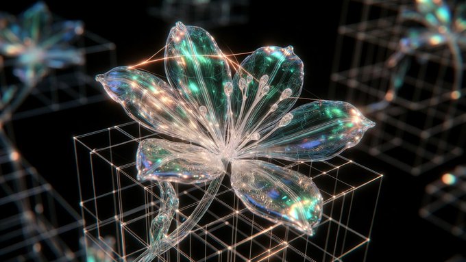 A digital artwork featuring a translucent, iridescent flower with crystalline petals resting on geometric wireframe cubes against a black background.