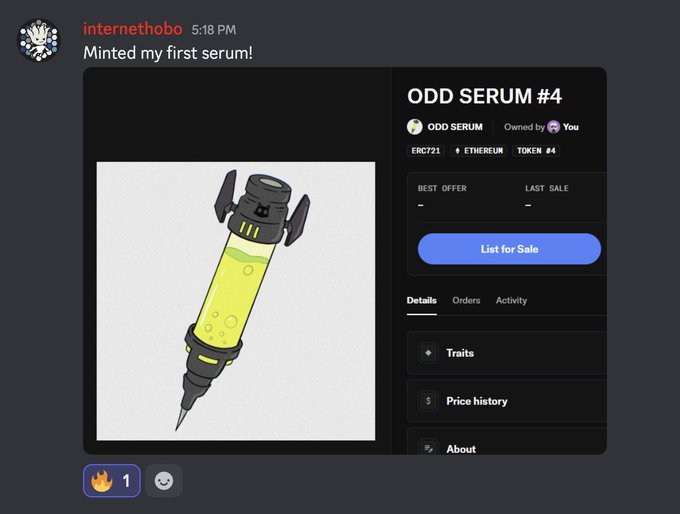 A Discord message from 'internethobo' announcing 'Minted my first serum!' alongside a digital art card titled 'ODD SERUM #4'.