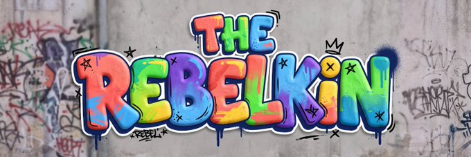 A colorful graffiti-style logo reads 'THE REBELKIN' in vibrant rainbow bubble letters against a concrete wall.