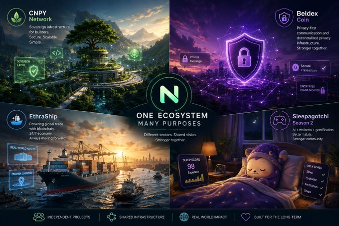 A marketing graphic for 'N' featuring 'ONE ECOSYSTEM MANY PURPOSES' with four sectors: CNPY Network, Beldex Coin, EthraShip, and Sleepagotchi Season 2, emphasizing independent projects and shared infrastructure.