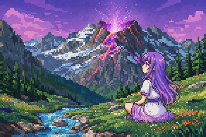 A pixel art scene featuring a purple-haired anime girl in a white dress sitting in a grassy meadow, gazing at a glowing pink light emanating from a mountain range under a purple sky.