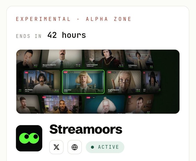 A promotional graphic for "Streamoors" in the Experimental Alpha Zone, ending in 42 hours, showing a grid of video thumbnails featuring streamers including Benjamin MacHio, Lord Fagstack, AnittaBreen, Abe Shizak, Jean Phil, and Emilia Waxson, marked as ACTIVE.
