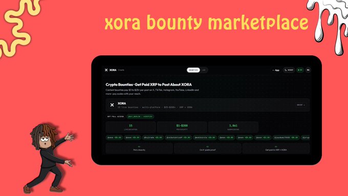 A promotional graphic titled 'xora bounty marketplace' featuring a cartoon character and a screenshot of a tablet displaying crypto bounty tiers for the XORA token.