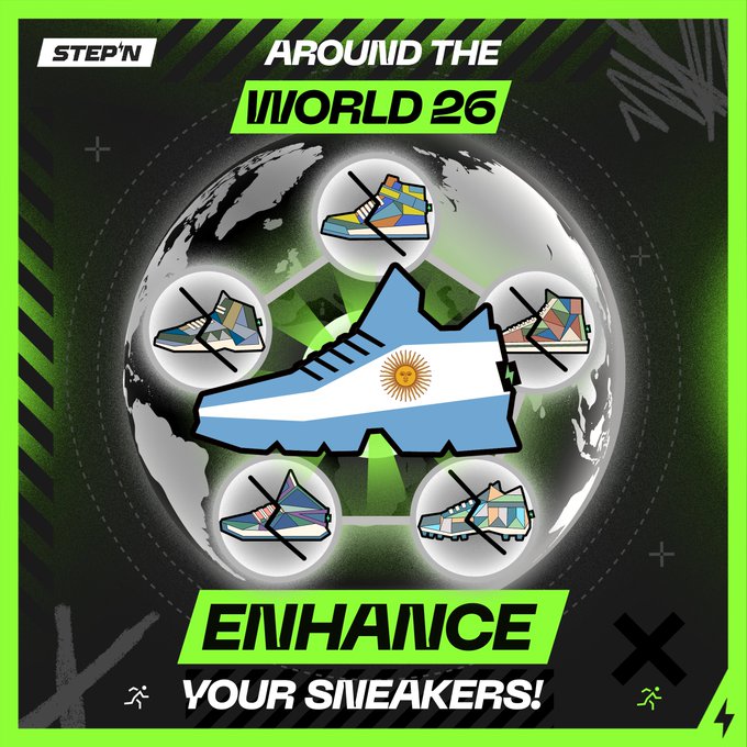 The image features a graphic design with a world map at its center, surrounded by various shoe designs. The text "Around the world 26" is displayed above the map, indicating that this is an advertisement for a shoe company. The main focus of the image is a pair of shoes, which are depicted in different colors and styles. The shoes are placed on a green background with a black border, making them stand out against the backdrop. The text "Enhance your sneakers!" is written below the shoes, suggesting that these shoes can enhance one's sneaker collection or personal style.