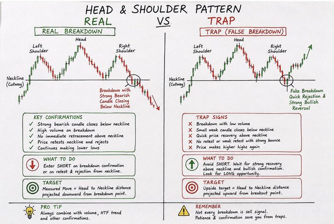 This educational trading chart compares a real Head & Shoulders breakdown (left) against a trap/false breakdown (right), showing key confirmations like strong bearish candles closing below the neckline and high volume versus trap signs such as weak candles and quick reversals. It outlines actionable strategies—entering short on real breakdowns vs. avoiding traps and looking for long opportunities—directly supporting the post's warning that not every head and shoulders pattern leads to a genuine sell-off.