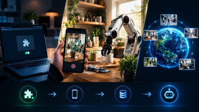 A digital illustration showing the progression of AI technology, featuring a laptop displaying a puzzle icon, a person recording with a smartphone, a robotic arm, and a globe with interconnected images, with a flow chart at the bottom indicating data processing steps.
