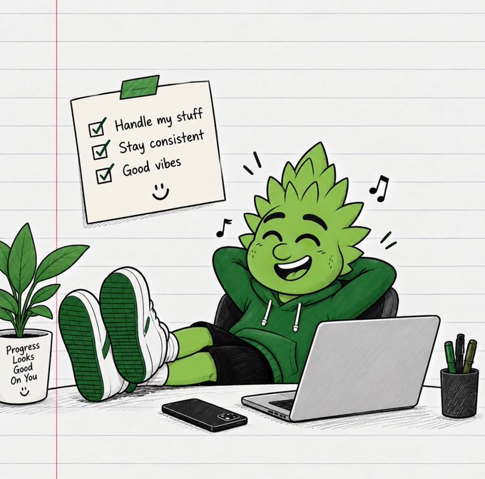 A cartoon illustration of a green leafy-haired character relaxing in a chair with feet up next to a laptop, with a sticky note reading 'Handle my stuff, Stay consistent, Good vibes' and a plant pot labeled 'Progress Looks Good On You.'
