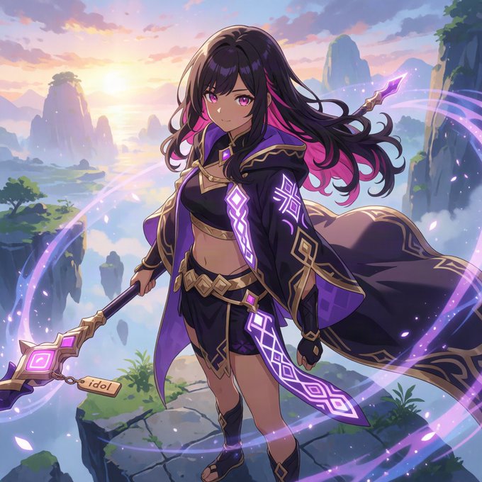 An anime-style illustration of a tanned female warrior with long black and pink hair, wearing a purple and black outfit and holding a glowing spear, with a tag reading 'idol'.