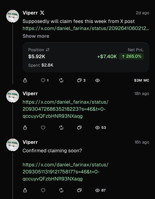 A screenshot of three posts by user "Viperr" discussing claims of fees from a post on X, highlighting a trading position with a $5.92K bet that yielded a +$7.40K profit (265.0% return), supporting the caption's claim about profitable trading on the Pumpfun app.