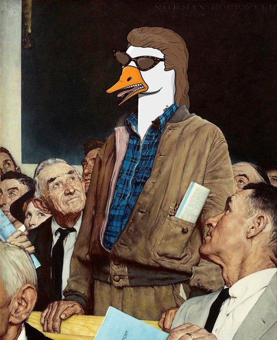 The image features a painting of a man wearing sunglasses and a plaid shirt standing next to an older man who appears to be reading something out loud. The scene takes place at a gathering or event where people are sitting around, with some individuals holding books in their hands. The painting is titled "Bad tech and UX" which suggests that the artwork might be related to technology or digital experiences. The image also includes text that reads "Retail/Normies don'T want to be onboarded just to get scammed, liquidity drained, and use rails that are worse than existing traditional rails". This could imply a negative sentiment towards certain aspects of the crypto world, such as scams or poor user experiences on platforms like Solana.